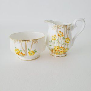 Rare Royal Albert DELL Petite Creamer & Sugar Orange Yellow Floral Bamboo Asian